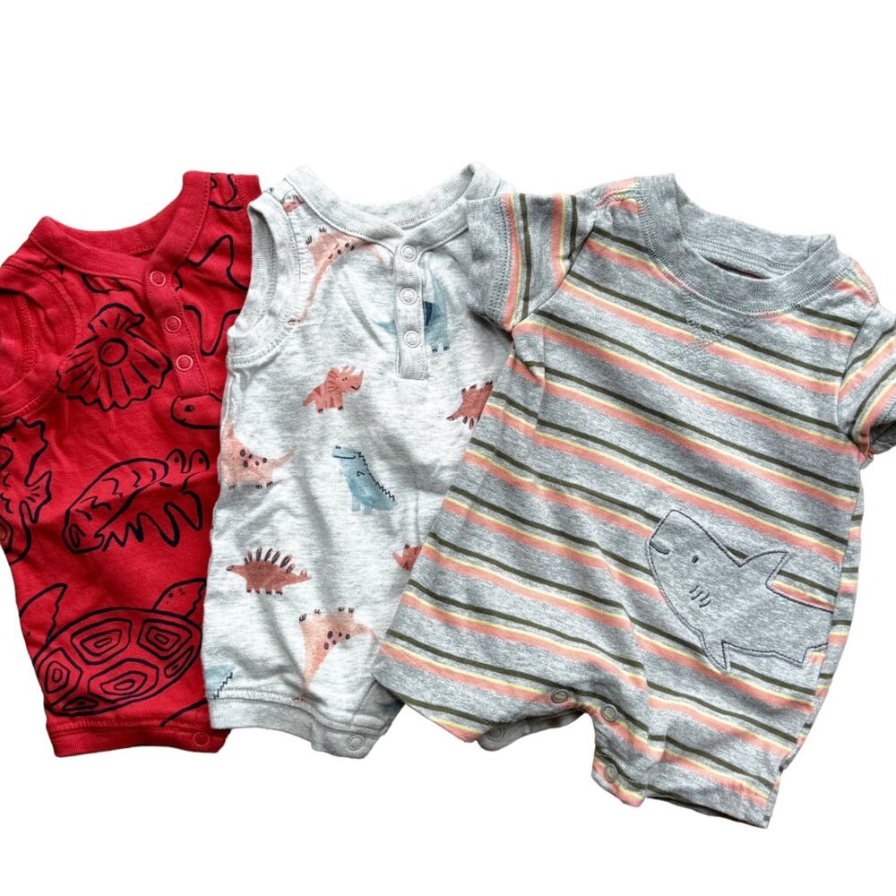 Carter's Newborn Baby Bundle Rompers 3-Pack Sleeveless Casual Dino Stripes
